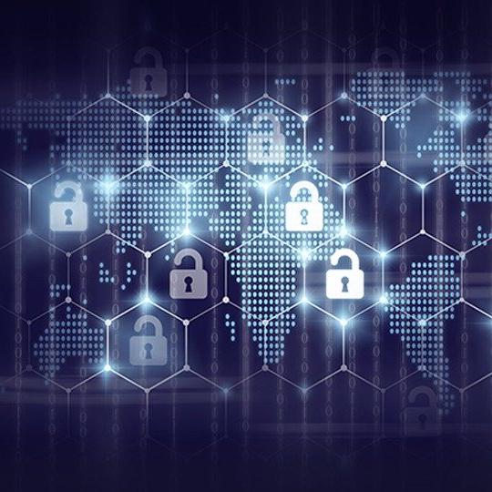 Design of locks with keyholes inside a honeycomb design layered on top of a map made of dots locks with keyholes inside a honeycomb design